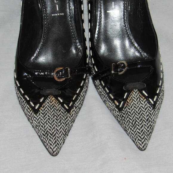 Vtg Casadei Italy Black Patent Leather Herringbone Buckle Pointed Toe Heels 8.5 - Picture 6 of 6